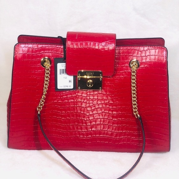Dkny Women's Red Lilian Croc  Leather satchel - Picture 1 of 7
